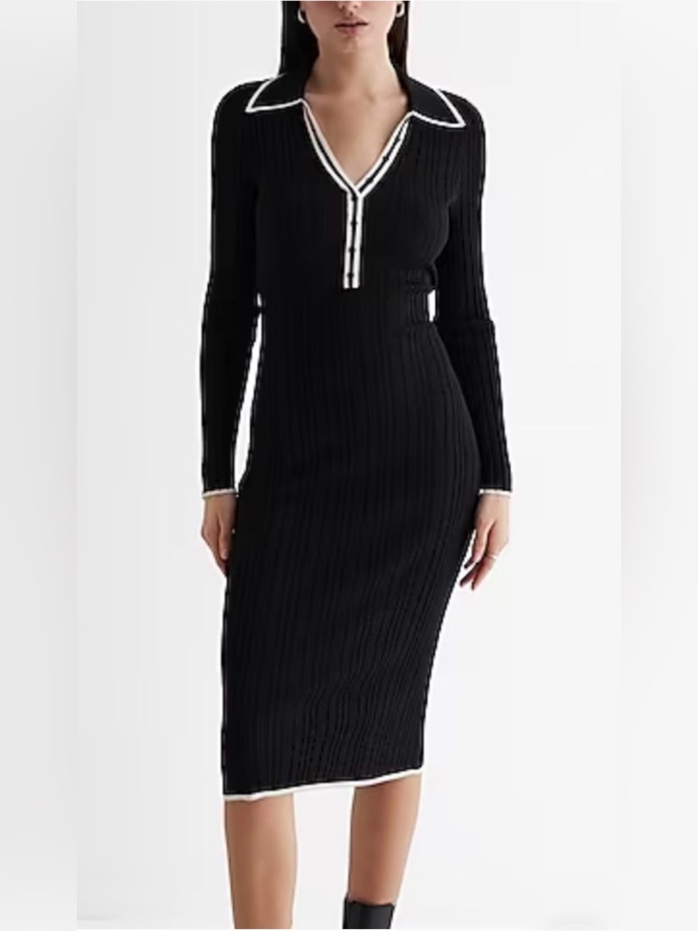 Ellen Tracy Black Ribbed Long Sleeve V-Neck Midi Dress with White Trim (M)